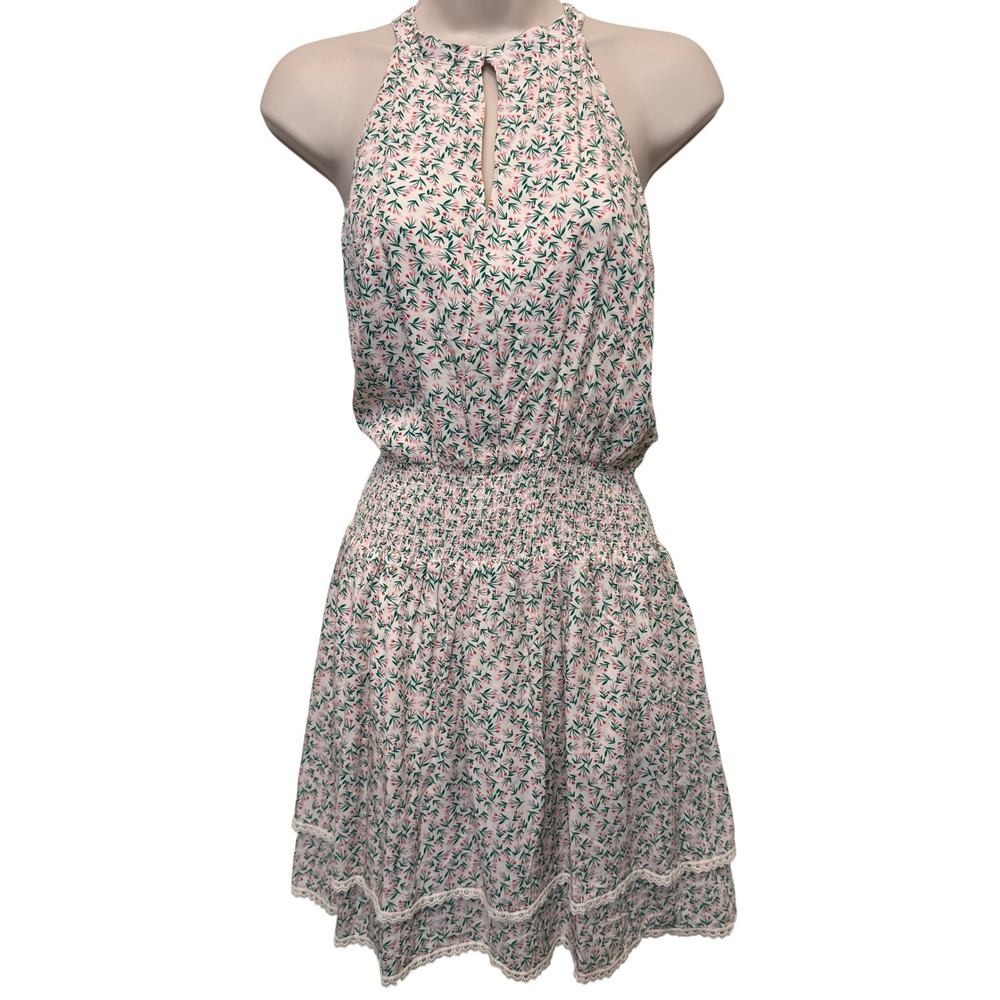 Koko + Mason Mini Dress L Cream Floral Halter Smocked Waist Ditsy Cottagecore